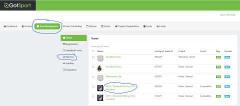 GotSport dashboard